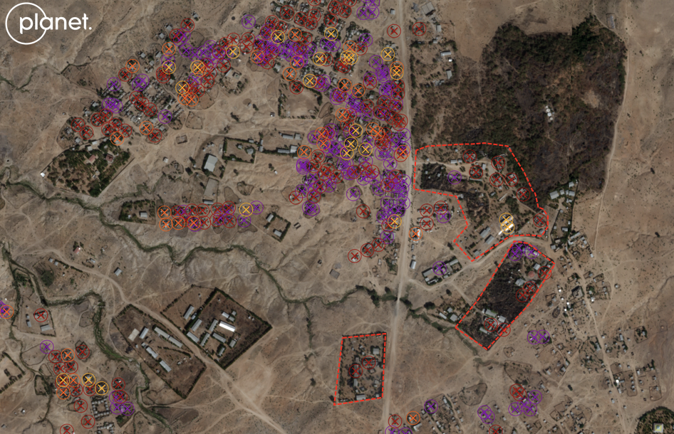 Destruction of at least 531 structures at Hitsats camp between 5-8 January. Purple indicates catastrophic damage (192 structures), red extensive damage (169). Photo Source: © Planet Labs via DX Open Network analysis